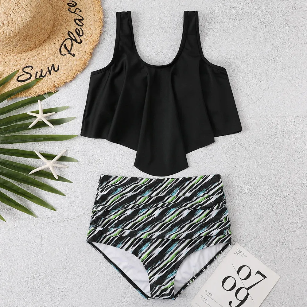 Women Summer Ruched High Waist Bikini Swimsuit